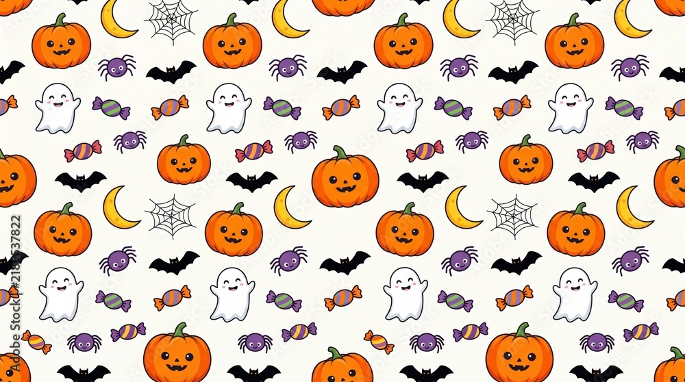 Fototapeta premium Cute hand-drawn seamless Halloween pattern featuring pumpkins, ghosts, bats, and candy on a plain white background