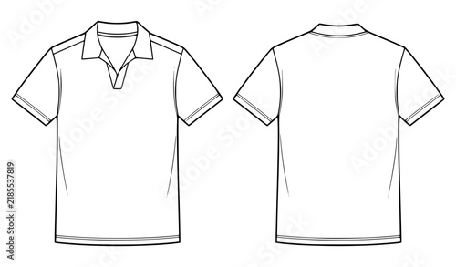 Men’s Johnny Collar T-Shirt Technical CAD Flat Sketch Vector Template Front Back