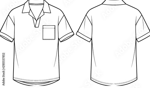 Men’s Johnny Collar T-Shirt with Chest Pocket Technical Flat Vector CAD Template