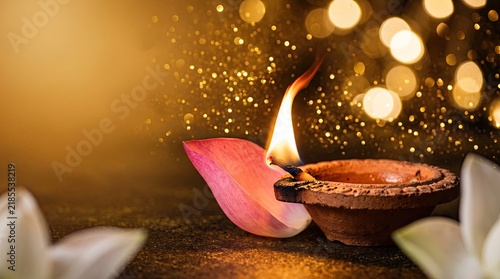 Diya lamp glowing with a lotus petal and soft bokeh lights in the background for diwali festival celebration