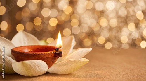Diwali festival celebration with diya lamp lit and lotus flower on a bokeh lights background