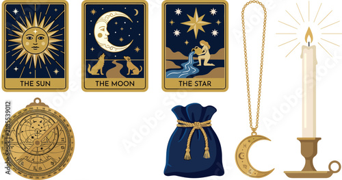 Bild auf Leinwand Mystical Tarot Cards Vector Icon Set featuring Sun Moon Star Magic Astrolabe Can