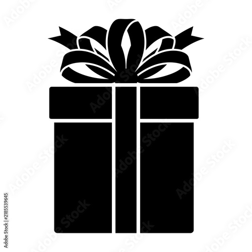 Black gift box with ribbon and bow on top, symbolizing present or surprise