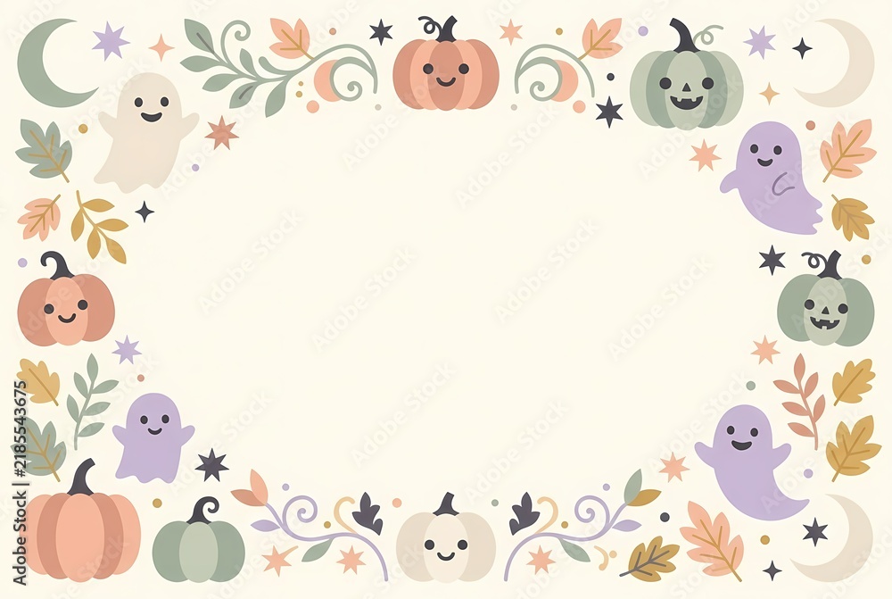 Obraz premium Cute Halloween Pumpkins Ghosts and Leaves Border Frame
