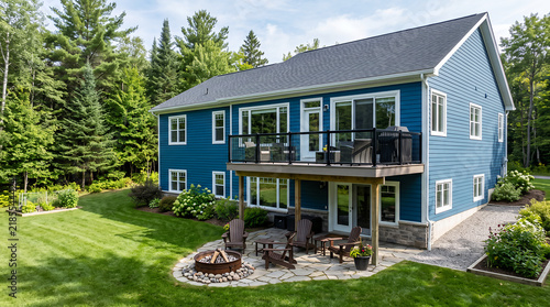 Blue two-story house with raised deck, patio, and fire pit in a wooded backyard home residential building