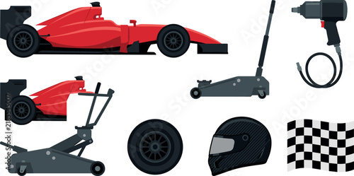 Photography Formula Racing Car and Pit Stop Equipment Vector Set Featuring Red Racecar Hydra