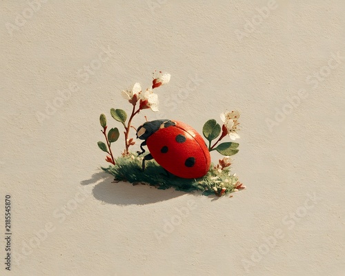Ladybug on Blossoming Branch in Minimalist Style