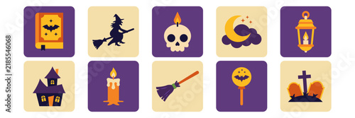 Foto Collection of flat vector icons featuring various Halloween themed symbols and spooky elements
