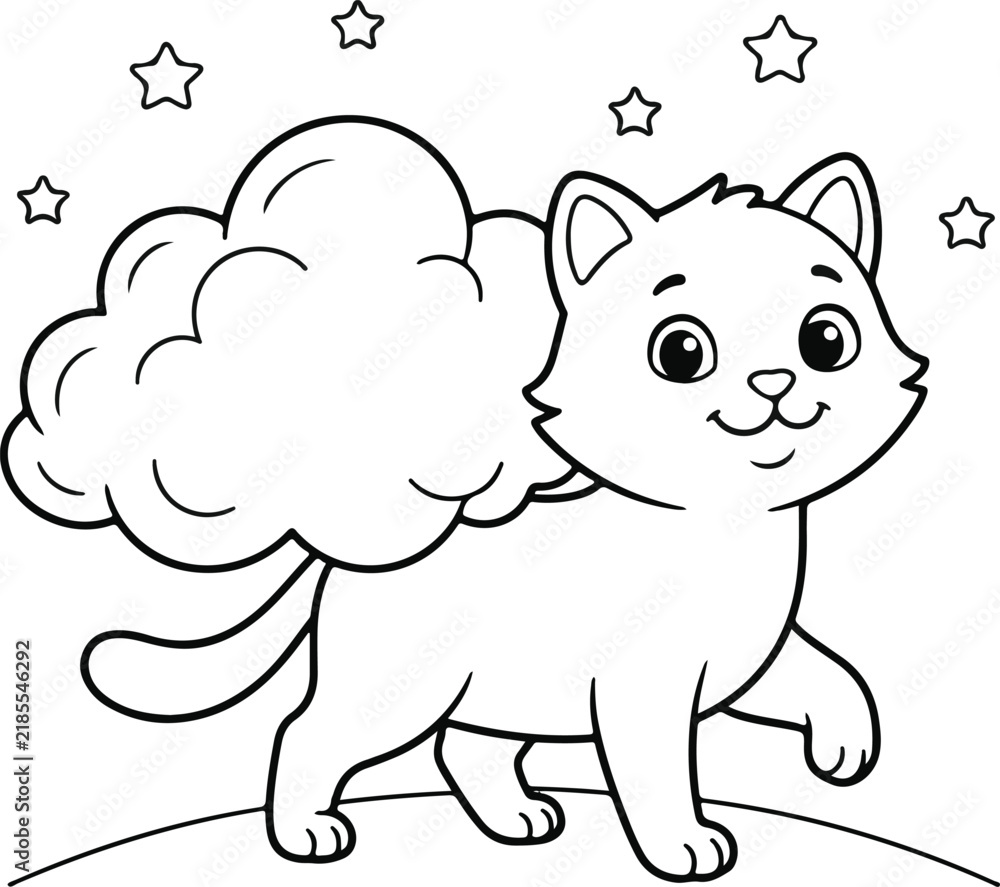 Fototapeta premium Cute cartoon cat walking with a fluffy cloud above its back