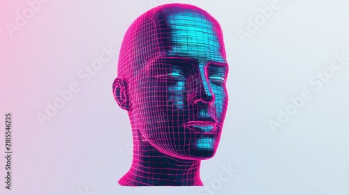 A digital wireframe model of a human head with neon blue and pink lighting against a soft gradient background.