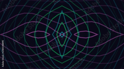 Symmetrical abstract neon wave pattern on dark background with green and purple glowing lines