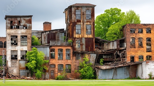 Abandoned Industrial Structure with Overgrown Greenery and Rustic Architecture in Soft Natural Lighting