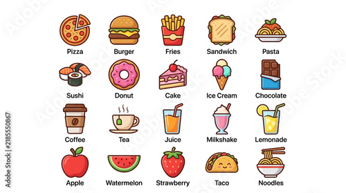 Colorful Collection of Hand Drawn Food and Beverage Vector Icons Featuring Popular Meals Snacks and Refreshing Drinks