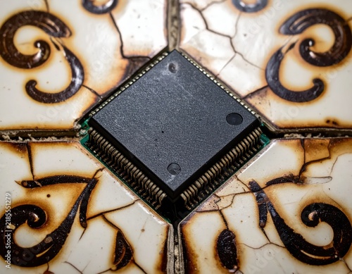 Close-up of a Black Microchip embedded in Antique Floral Tiles with Cracks and Patina