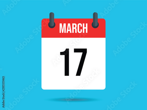 Red and White Calendar with March Text and 17th Date on Light Blue Background