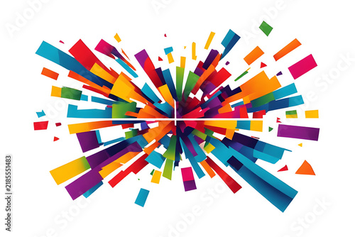 Vibrant abstract explosion of colorful geometric shards radiating from center on white background