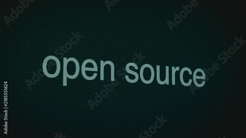 Open Source word text typing animation on a computer screen in After Effects. Motion graphics highlight collaboration, transparency, and modern IT communication concepts.