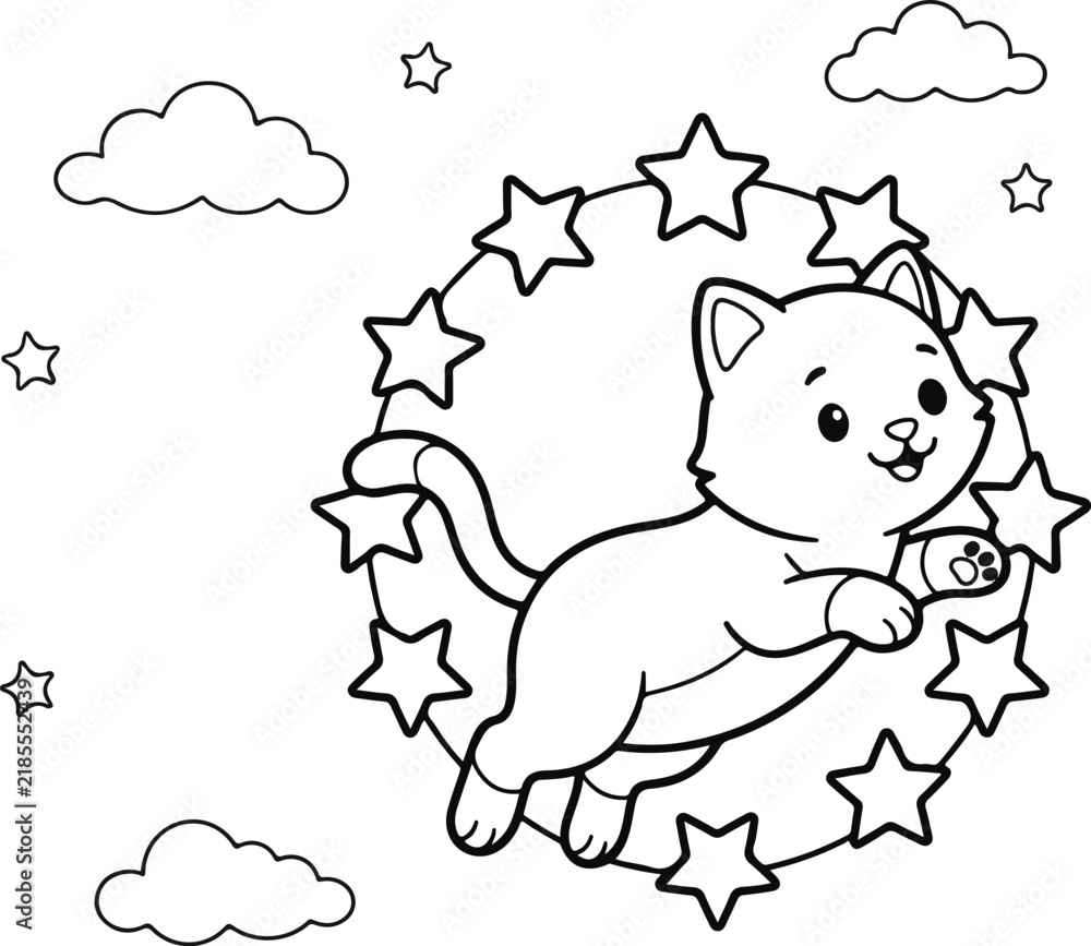 Obraz premium Cute cartoon kitten jumping through a circle of stars in the night sky