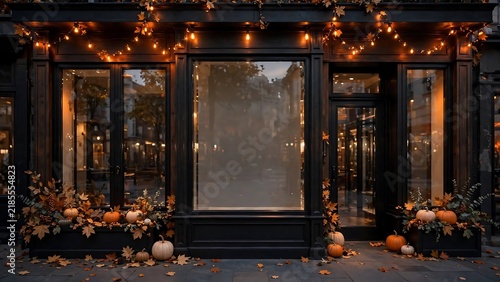 Autumn decorated storefront with blank window display for promotions