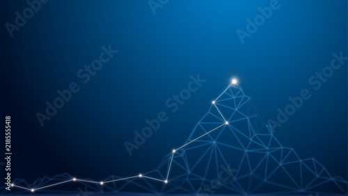 Digital Summit Achievement: Wireframe Mountain With Route, Flag And Glowing Milestones Representing Success
