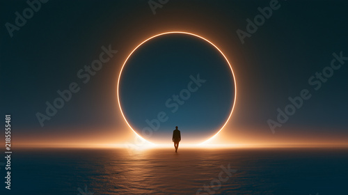 Futuristic glowing orange ring hovering above reflective water with a solitary human silhouette, creating a minimalist surreal landscape with cinematic lighting
