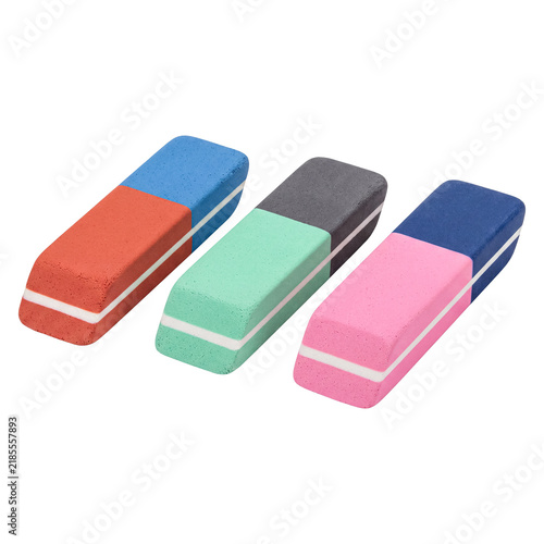 Foto Three colorful two-tone rubber erasers for school or office use, isolated on a transparent background