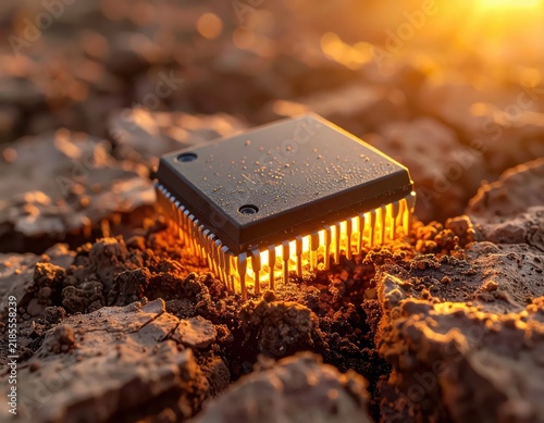 Microchip on Ground with Glowing Light Surrounded by Dirt and Texture at Sunset