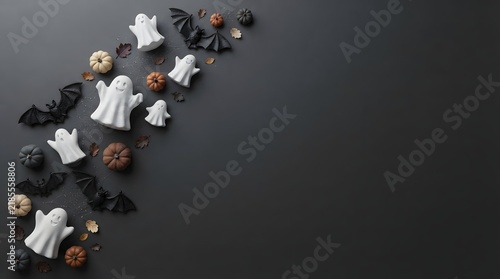Flat lay composition of white ghost decorations and black bats on a dark background for halloween holiday celebration