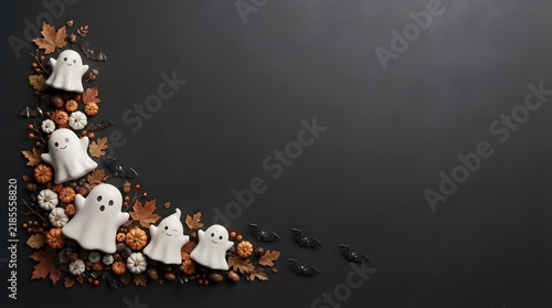 A festive halloween background featuring a corner border of cute ghosts and assorted candy on a dark grey surface