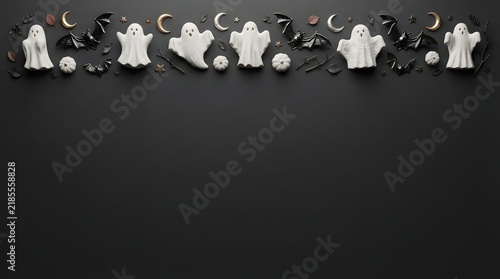 Top border of white ghost shaped halloween cookies and black decorations on a dark black background flat lay