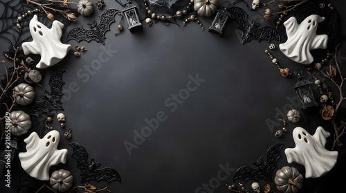 Halloween background with white ghosts and dark pumpkins arranged in a frame on a black surface