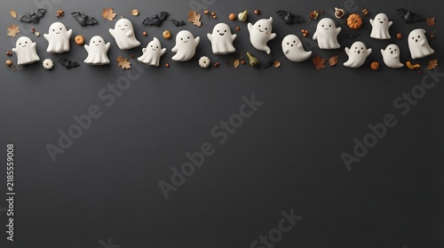 Top border of cute ghost shaped cookies on a dark black background with copy space for halloween text