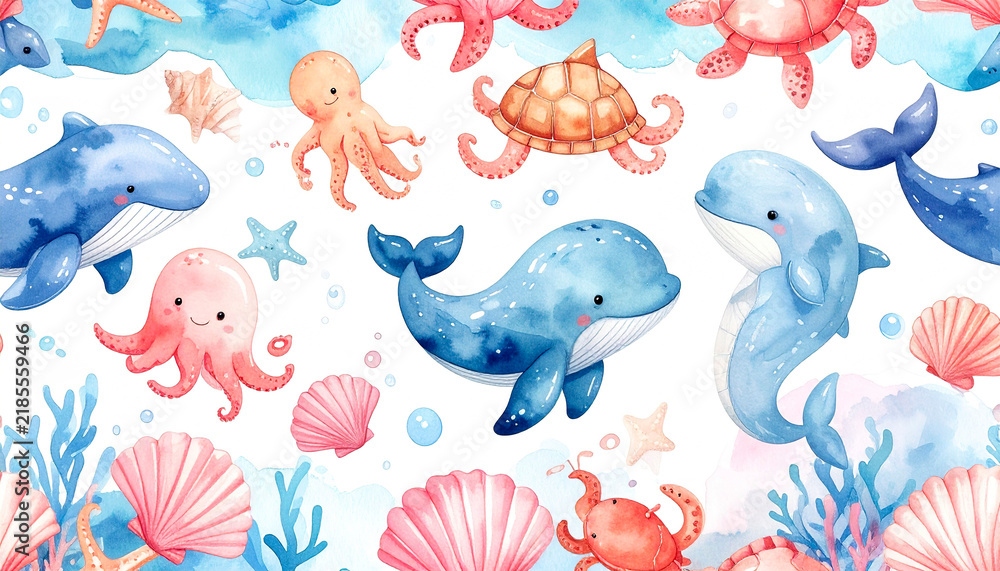 Fototapeta premium Adorable seamless pattern of baby whales and dolphins swimming underwater, cute cartoon style, soft ocean colors. 