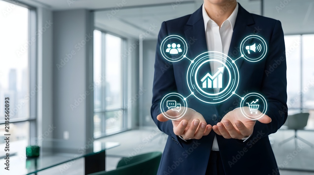 Obraz premium Businesswoman interacting with digital network interface and data analytics visualization