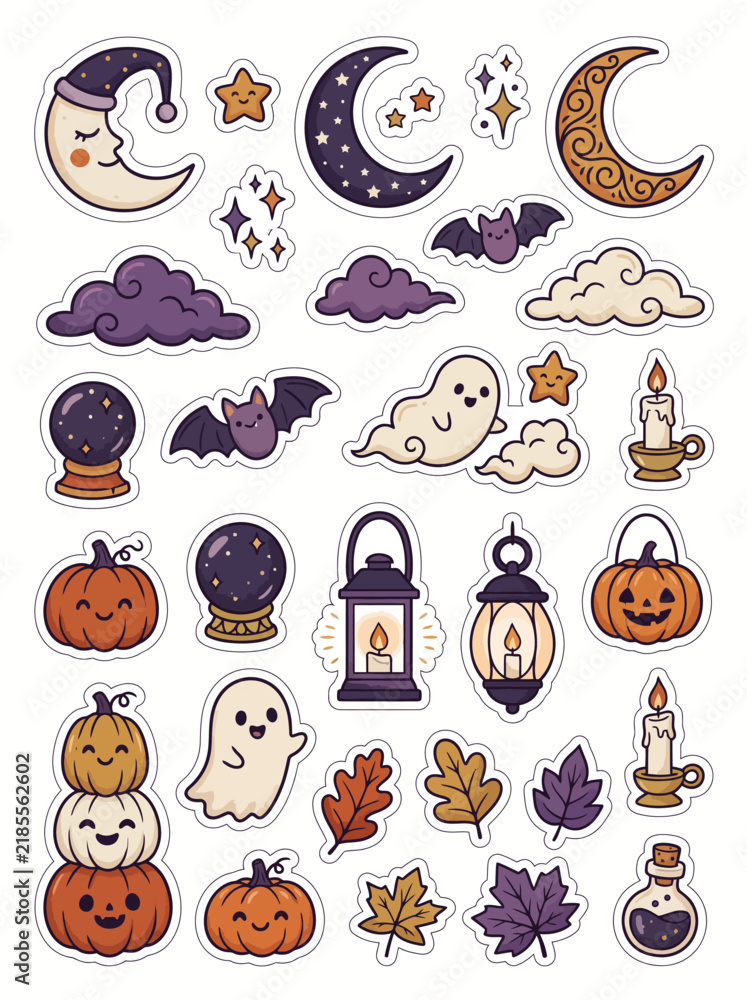 Fototapeta premium Cute Helloween sticker set with pumpkins ghosts bats and moons doodle vector