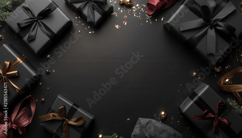 Elegant Gift Boxes: A collection of meticulously wrapped gift boxes, adorned with luxurious satin ribbons in shades of black and burgundy.