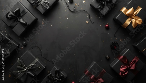 Luxurious Black Gift Boxes: An elegant arrangement of black gift boxes, adorned with satin ribbons in shades of gold, red, and black, scattered with subtle confetti on a dark, textured background.