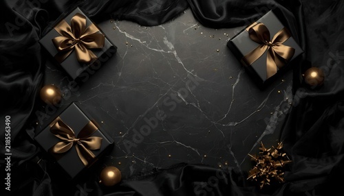 Luxurious Gift Box Arrangement: Four elegant black gift boxes, each adorned with a golden satin bow.