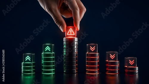 Hand Placing Warning Red Block On Top Of Glowing Data Stack Representing Risk Management
