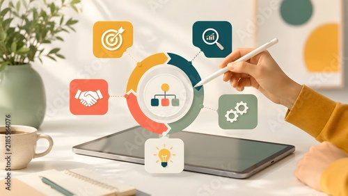 Hand Holding Stylus Interacting With Business Strategy Cycle Infographic On Tablet