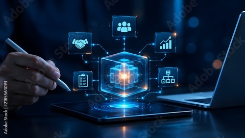 Business Professional Interacting With Central Holographic Data Cube And Connected Icons