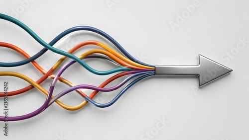 Colorful Wavy Cables Merging Into Silver Arrow Representing Business Integration And Synergy