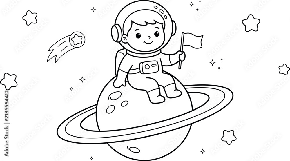 Fototapeta premium Cute cartoon astronaut sitting on a ringed planet in outer space black and white line art coloring page