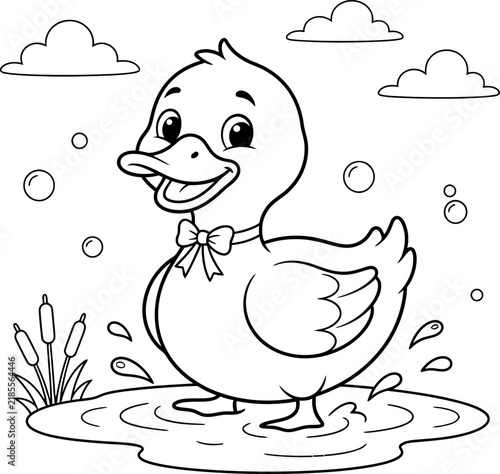 Fotografie A cute cartoon duckling wearing a bowtie standing in a small puddle surrounded b