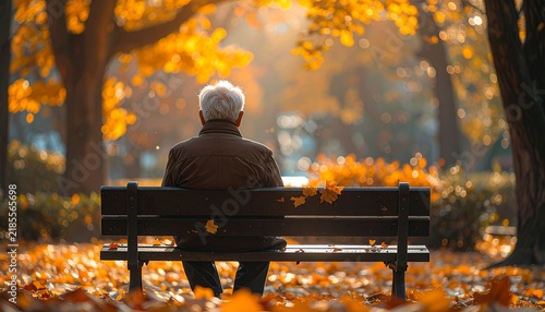 Elderly Man Resting on a Park Bench with a Calm Back View in Natural Surroundings
