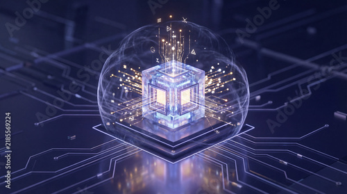 Abstract quantum processor cube digital circuit board glowing futuristic technology transparent sphere artificial intelligence computer chip neon light data network science concept virtual system
