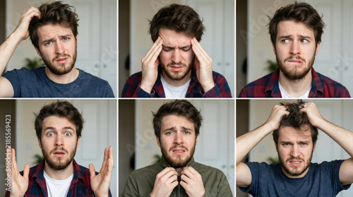 Collage of young man showing stress and anxiety in six portrait expressions