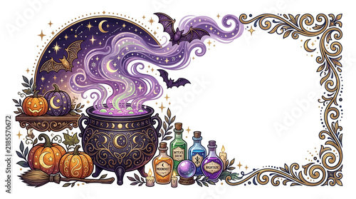 Magical Halloween Corner Ornament with Witch Cauldron, Glowing Pumpkins, Bats, and Potion Bottles in Elegant Mystical Filigree Style