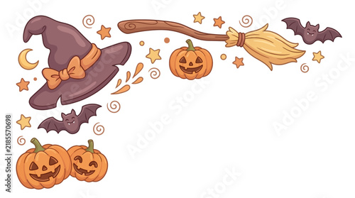 Witch Hat and Moon Vector with Flying Bats Celestial Stars and Magic Broomstick on White Background