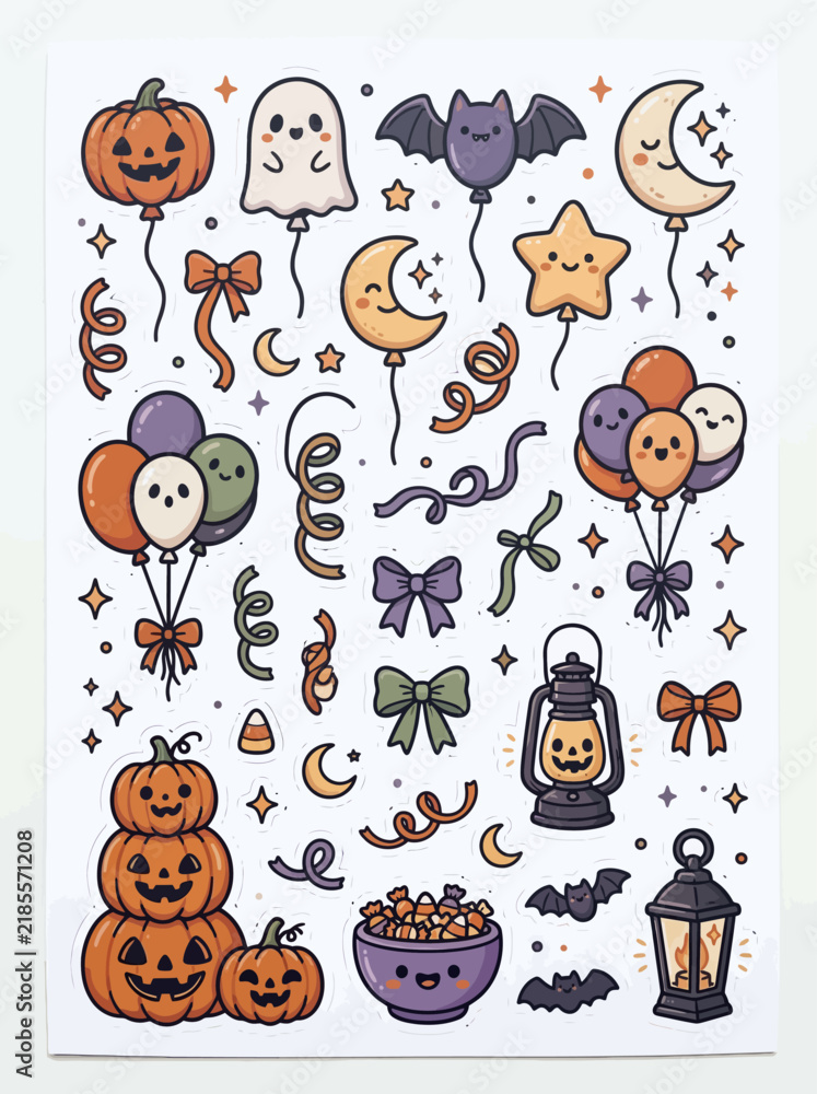 Fototapeta premium Cute Helloween sticker sheet collection with spooky ghost, pumpkin, and bat illustrations
